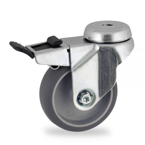 оцинкованная сталь цинка ролики Поворотный с общим тормозом 50mm  для  тележек,колесо  из  серый резиновый,без подшипник.монтаж отверстие под болт
