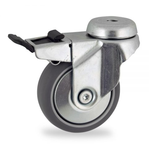 оцинкованная сталь цинка ролики Поворотный с общим тормозом 100mm  для  тележек,колесо  из  серый резиновый,без подшипник.монтаж отверстие под болт