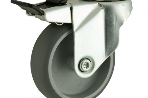 оцинкованная сталь цинка ролики Поворотный с общим тормозом 100mm  для  тележек,колесо  из  серый резиновый,без подшипник.монтаж отверстие под болт