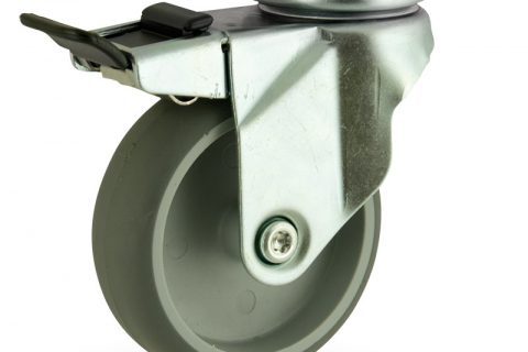 оцинкованная сталь цинка ролики Поворотный с общим тормозом 125mm  для  тележек,колесо  из  серый резиновый,без подшипник.монтаж крепежная панель