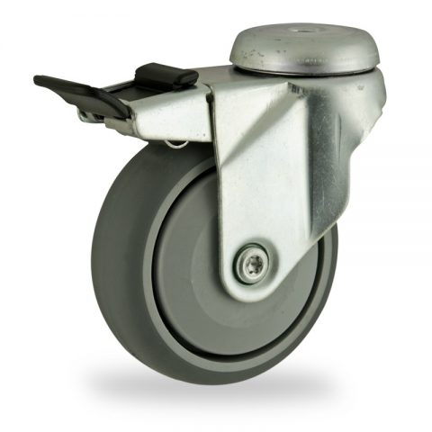 оцинкованная сталь цинка ролики Поворотный с общим тормозом 125mm  для  тележек,колесо  из  серый резиновый,прецизионный шарикоподшипник.монтаж отверстие под болт