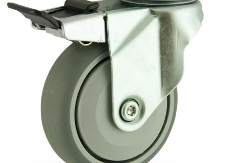оцинкованная сталь цинка ролики Поворотный с общим тормозом 125mm  для  тележек,колесо  из  серый резиновый,прецизионный шарикоподшипник.монтаж крепежная панель