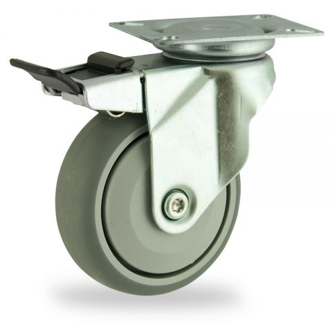 оцинкованная сталь цинка ролики Поворотный с общим тормозом 125mm  для  тележек,колесо  из  серый резиновый,прецизионный шарикоподшипник.монтаж крепежная панель