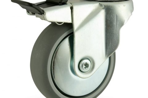 оцинкованная сталь цинка ролики Поворотный с общим тормозом 125mm  для  тележек,колесо  из  серый резиновый,без подшипник.монтаж отверстие под болт