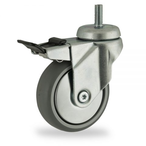 оцинкованная сталь цинка ролики Поворотный с общим тормозом 75mm  для  тележек,колесо  из  серый резиновый,без подшипник.монтаж винт