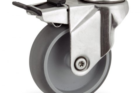 Неръждаеми колела Поворотный с общим тормозом 125mm  для  тележек,колесо  из  серый резиновый,без подшипник.отверстие под болт
