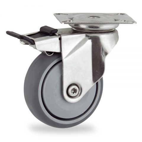 Неръждаеми колела Поворотный с общим тормозом 125mm  для  тележек,колесо  из  серый резиновый,прецизионный шарикоподшипник.монтаж крепежная панель