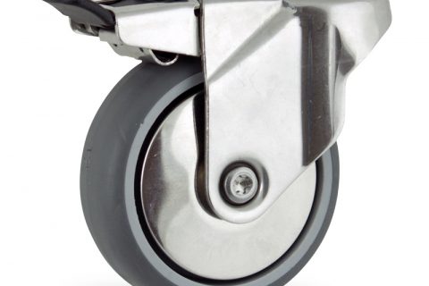 Неръждаеми колела Поворотный с общим тормозом 125mm  для  тележек,колесо  из  серый резиновый,шарикоподшипники.монтаж отверстие под болт