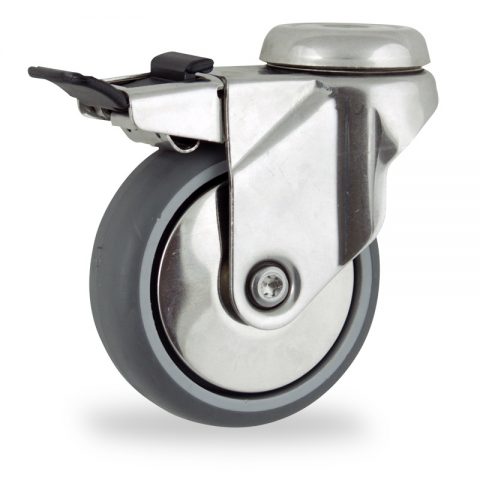 Неръждаеми колела Поворотный с общим тормозом 100mm  для  тележек,колесо  из  серый резиновый,шарикоподшипники.отверстие под болт