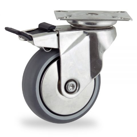 Неръждаеми колела Поворотный с общим тормозом 75mm  для  тележек,колесо  из  серый резиновый,шарикоподшипники.монтаж крепежная панель