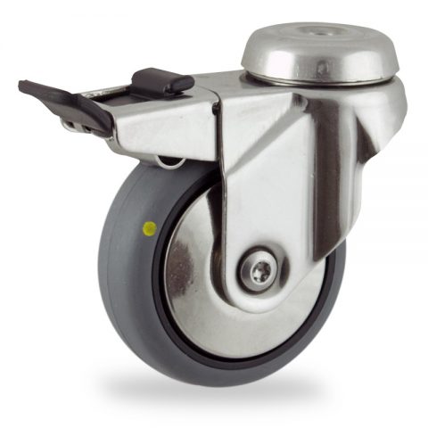 Неръждаеми колела Поворотный с общим тормозом 50mm  для  тележек,колесо  из  проводящий серый резиновый,без подшипник.монтаж отверстие под болт