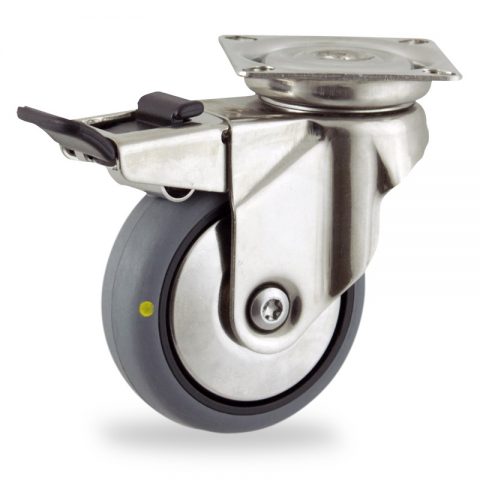 Неръждаеми колела Поворотный с общим тормозом 100mm  для  тележек,колесо  из  проводящий серый резиновый,без подшипник.монтаж крепежная панель