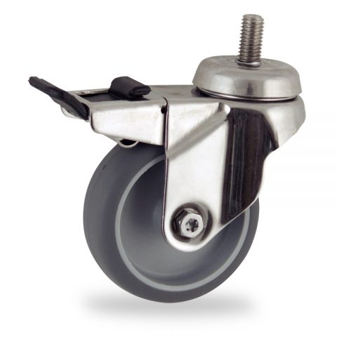 Неръждаеми колела Поворотный с общим тормозом 100mm  для  тележек,колесо  из  серый резиновый,без подшипник.винт