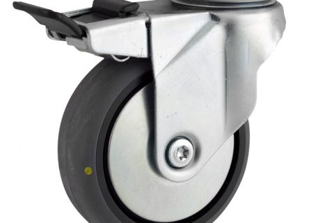 оцинкованная сталь цинка ролики Поворотный с общим тормозом 75mm  для  тележек,колесо  из  проводящий серый резиновый,без подшипник.монтаж крепежная панель