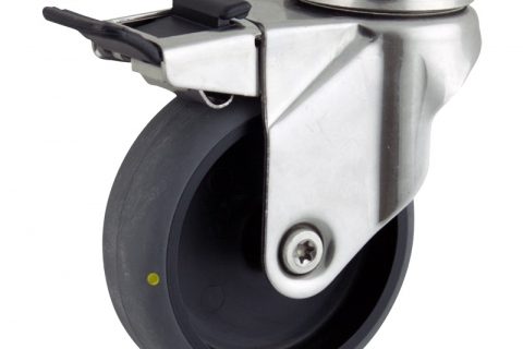 Неръждаеми колела Поворотный с общим тормозом 150mm  для  тележек,колесо  из  проводящий серый резиновый,без подшипник.монтаж отверстие под болт