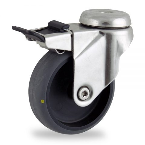 Неръждаеми колела Поворотный с общим тормозом 100mm  для  тележек,колесо  из  проводящий серый резиновый,без подшипник.монтаж отверстие под болт