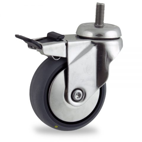 Неръждаеми колела Поворотный с общим тормозом 75mm  для  тележек,колесо  из  проводящий серый резиновый,без подшипник.монтаж винт